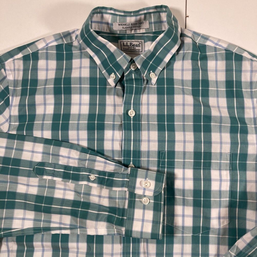 LL Bean Shirt Small Teal (Green) Plaid Comfort Oxford Wrinkle‎ Resistant